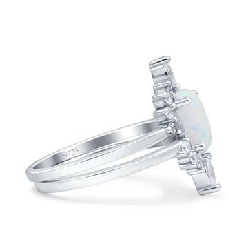 Two Piece Vintage Style Art Deco Wedding Bridal Set Ring Band Oval Lab Created White Opal 925 Sterling Silver